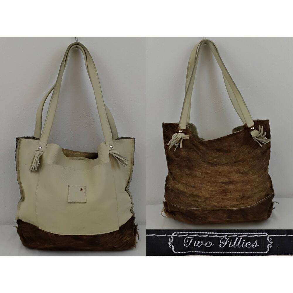 Two Fillies Handmade Antelope Hide Classic Tote Bag White/Brown Hair #J5205